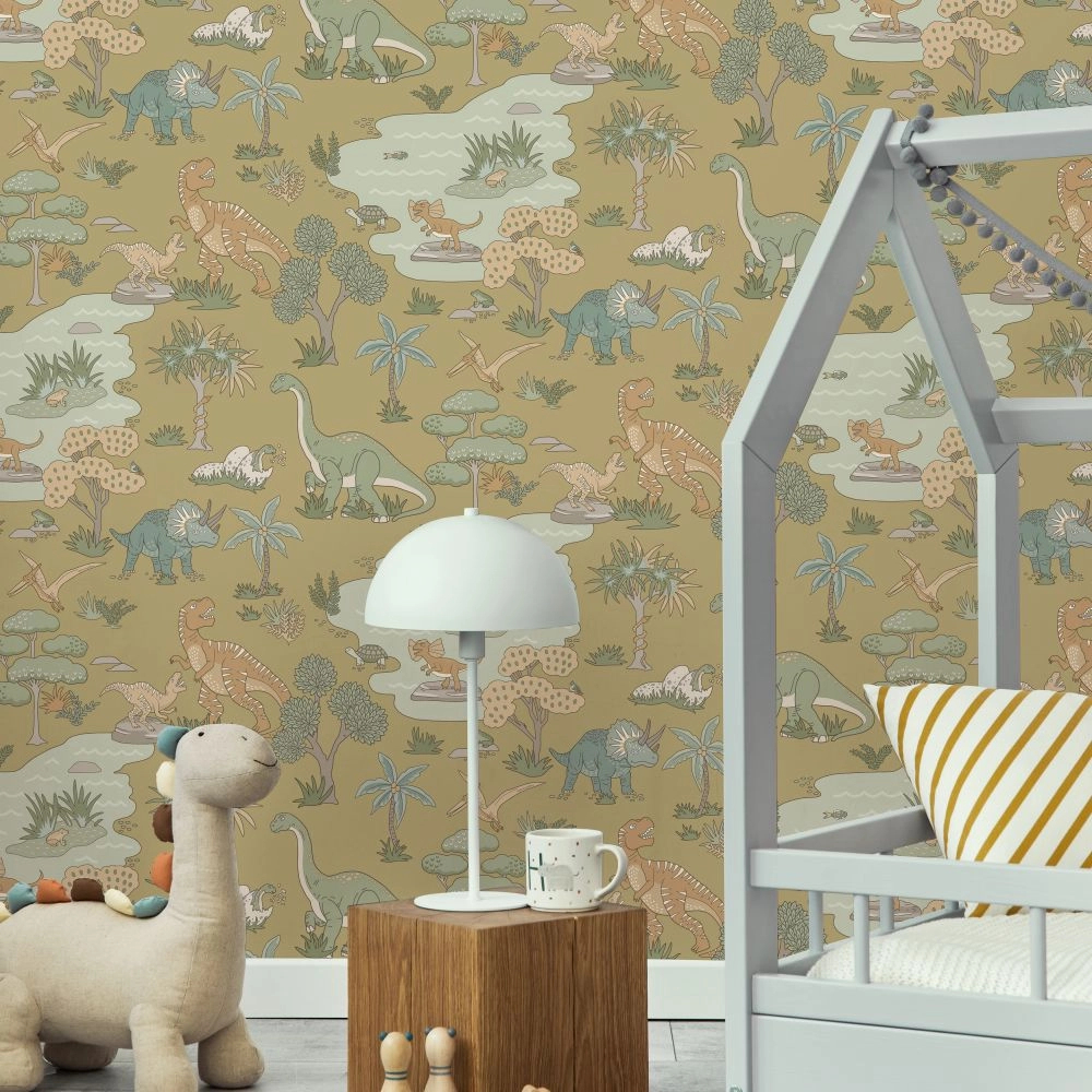 Gyerek tapéta dinoszaurusz mintával zöld és mustársárga színben