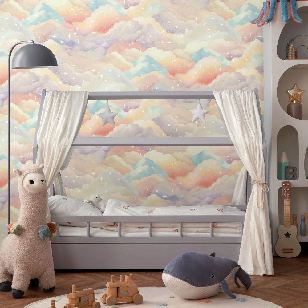 Gyerek tapéta felhő csillagokkal mintával szivárvány színben