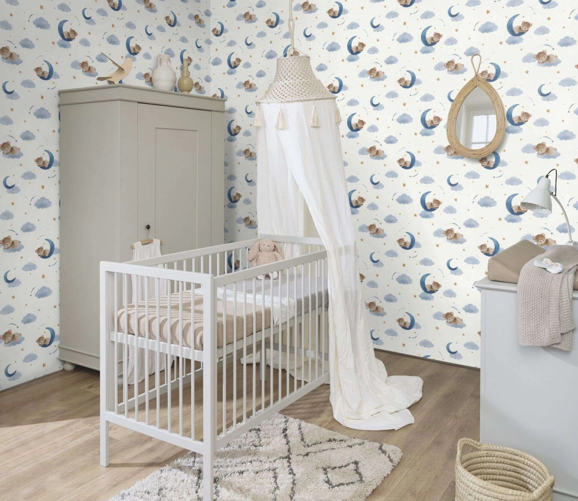 Gyerek tapéta holdas maci mintával pasztel kék színben