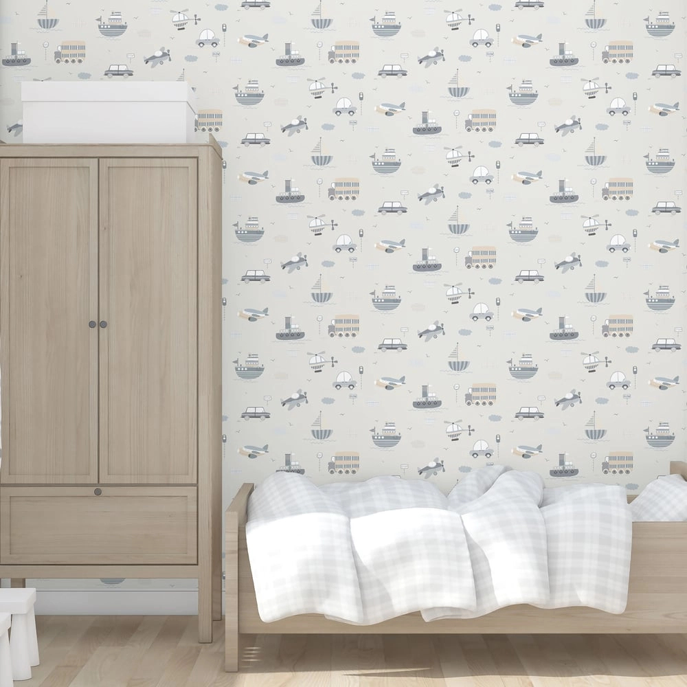 Gyerek tapéta jármű mintával szürke színben