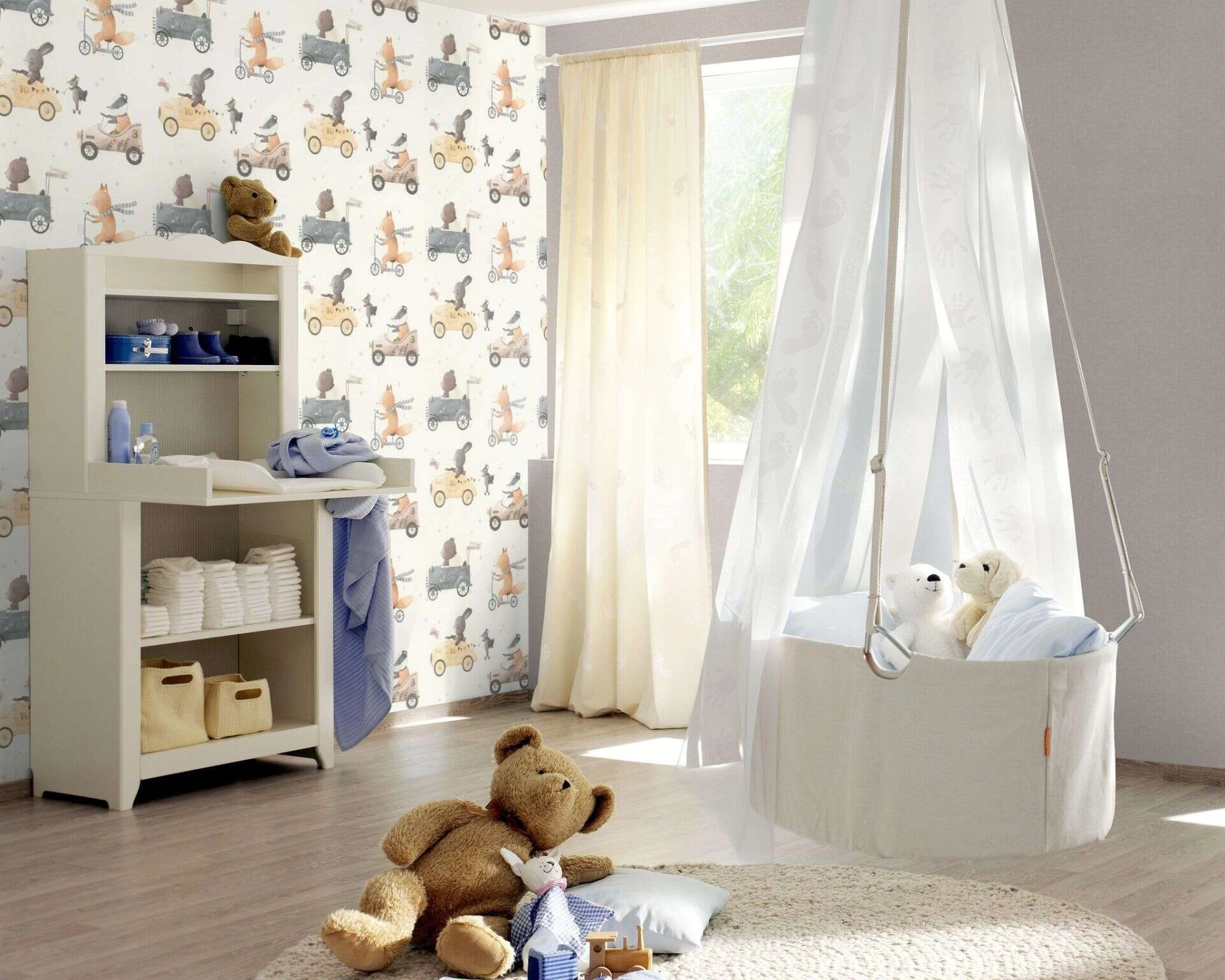 Gyerek tapéta járműves állatok mintával pasztel barna színben