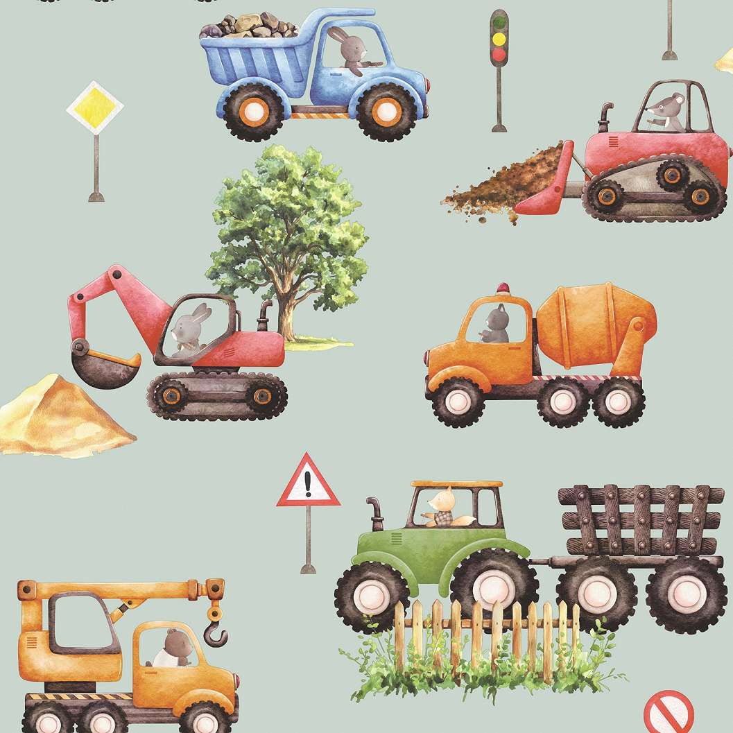 Gyerek tapéta kék alapon markoló darus mintával