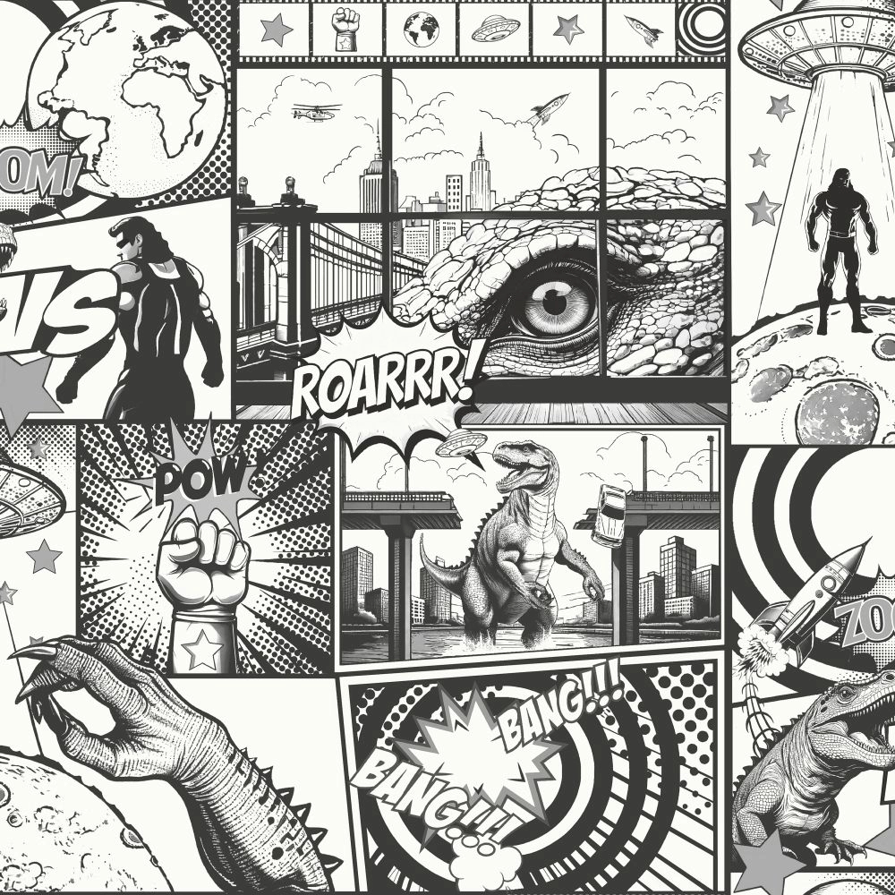 Gyerek tapéta képregény mintával fekete-fehér színben