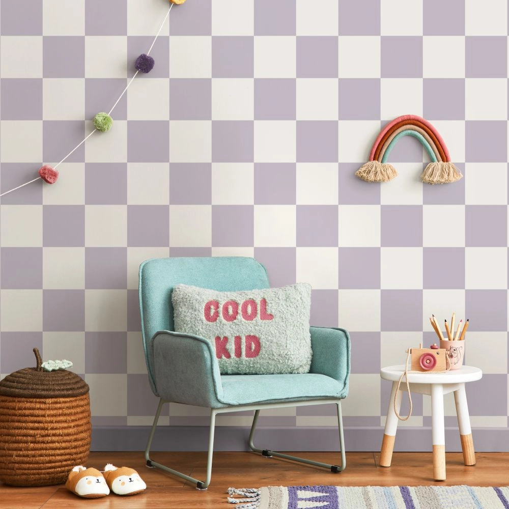 Gyerek tapéta kockás mintával lila-fehér színben