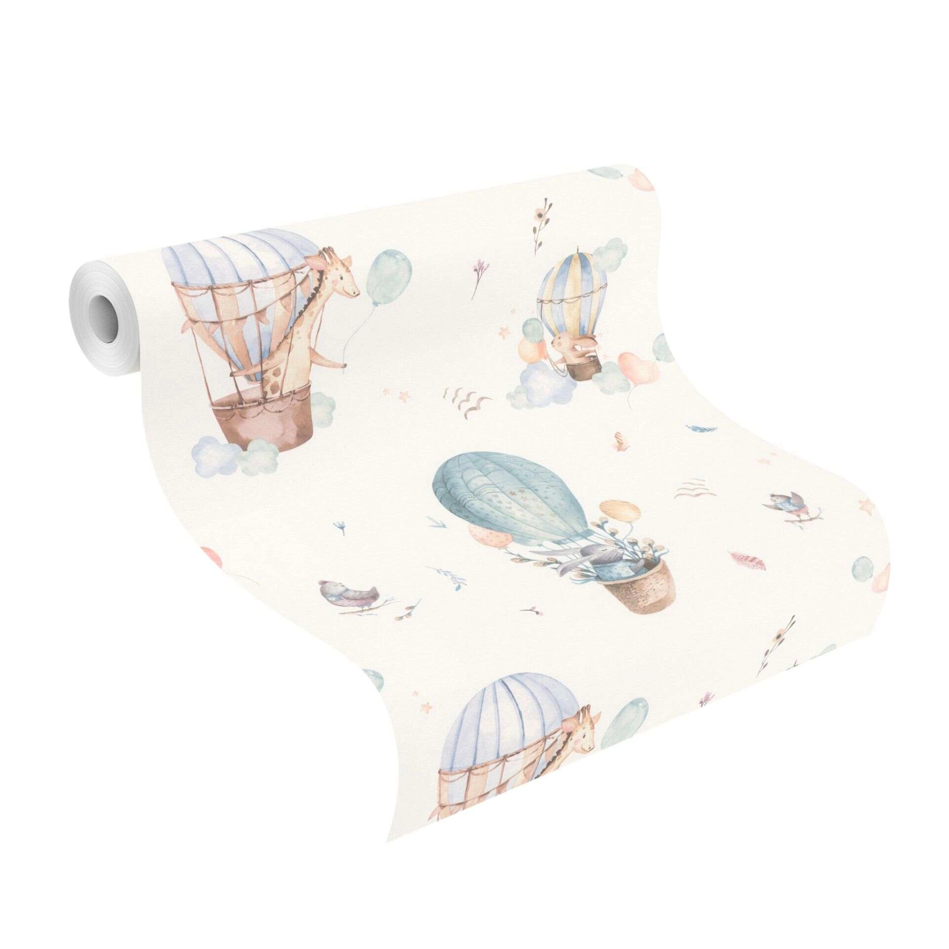 Gyerek tapéta léghajós állatok mintával pasztel kék színben