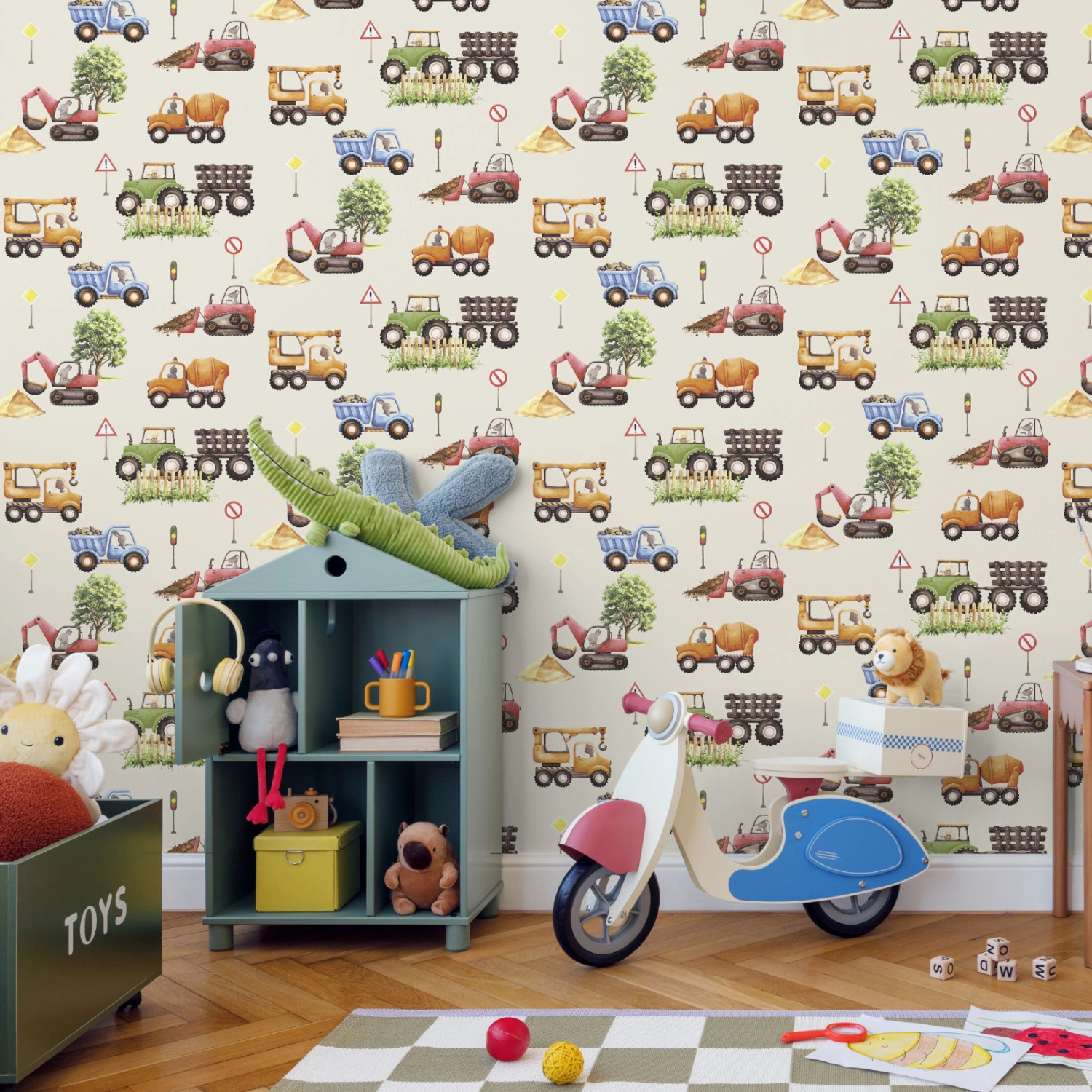 Gyerek tapéta markoló darú traktor munkagépes mintával