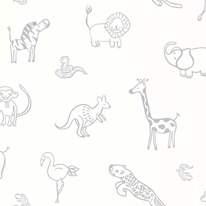 Gyerek tapéta rajzolt afrikai állat mintával, elefánt, zsiráf, oroszlán