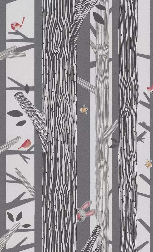 Gyerek tapéta rajzolt fa mintával kedves erdei állatokkal