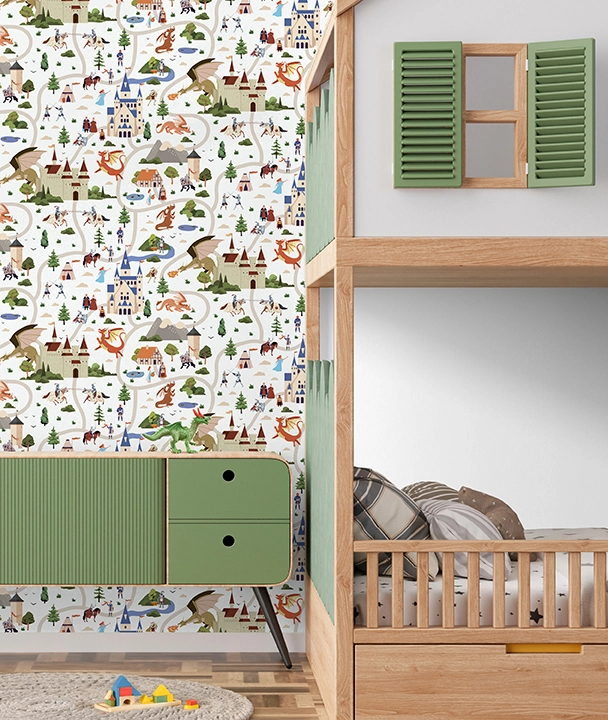 Gyerek tapéta sárkány vár hercegnő mesevilág mintával