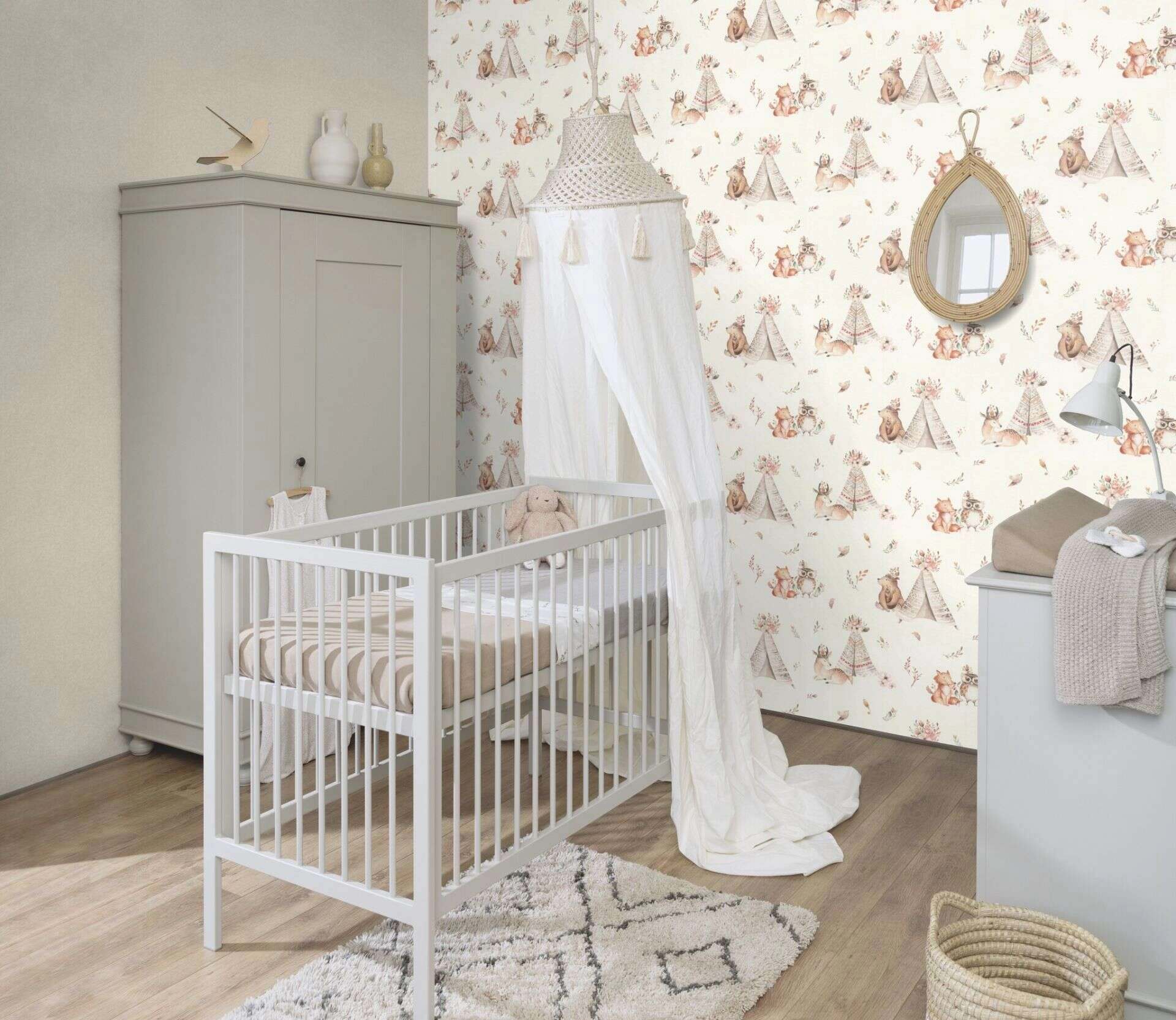 Gyerek tapéta sátras állatok mintával pasztel rózsaszín színben
