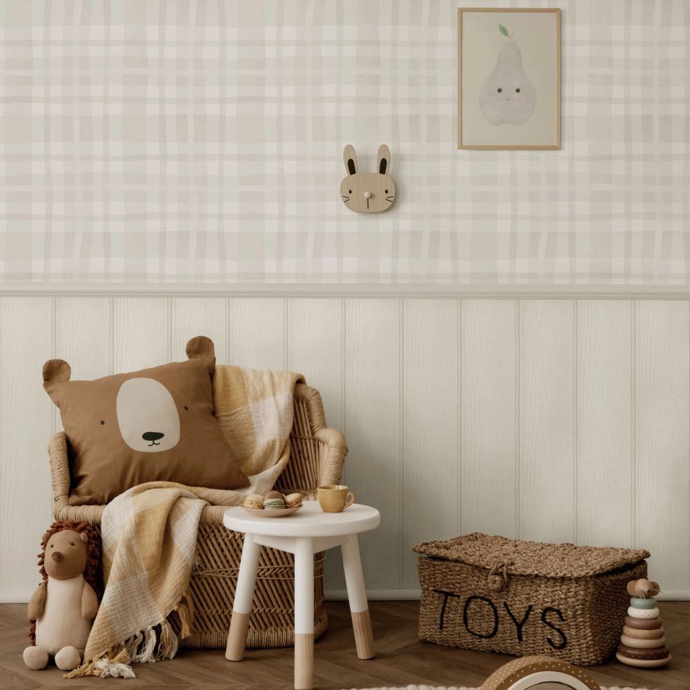 Gyerek tapéta skótkockás mintával szürke színben