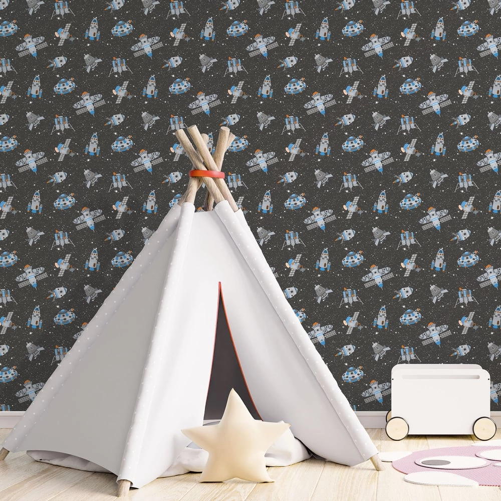 Gyerek tapéta űrhajó mintával fekete színben