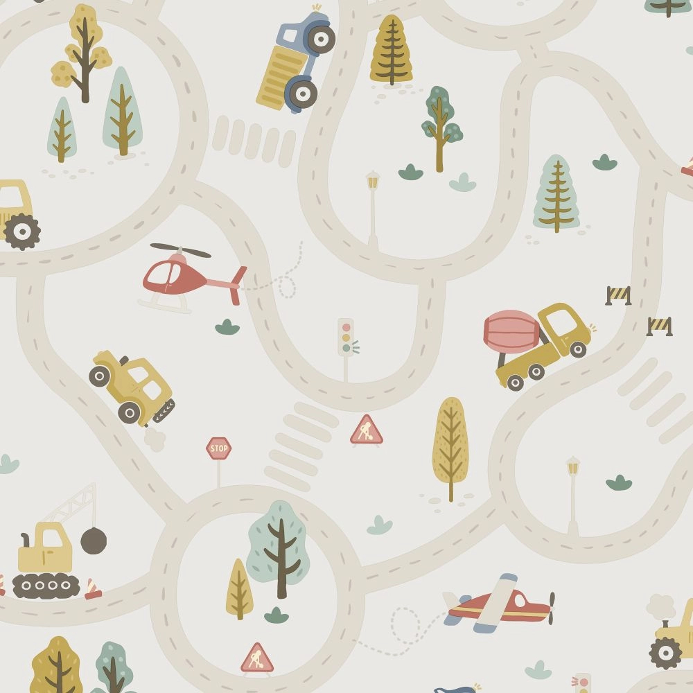 Gyerek tapéta úthálózat járművekkel mintával beige színben