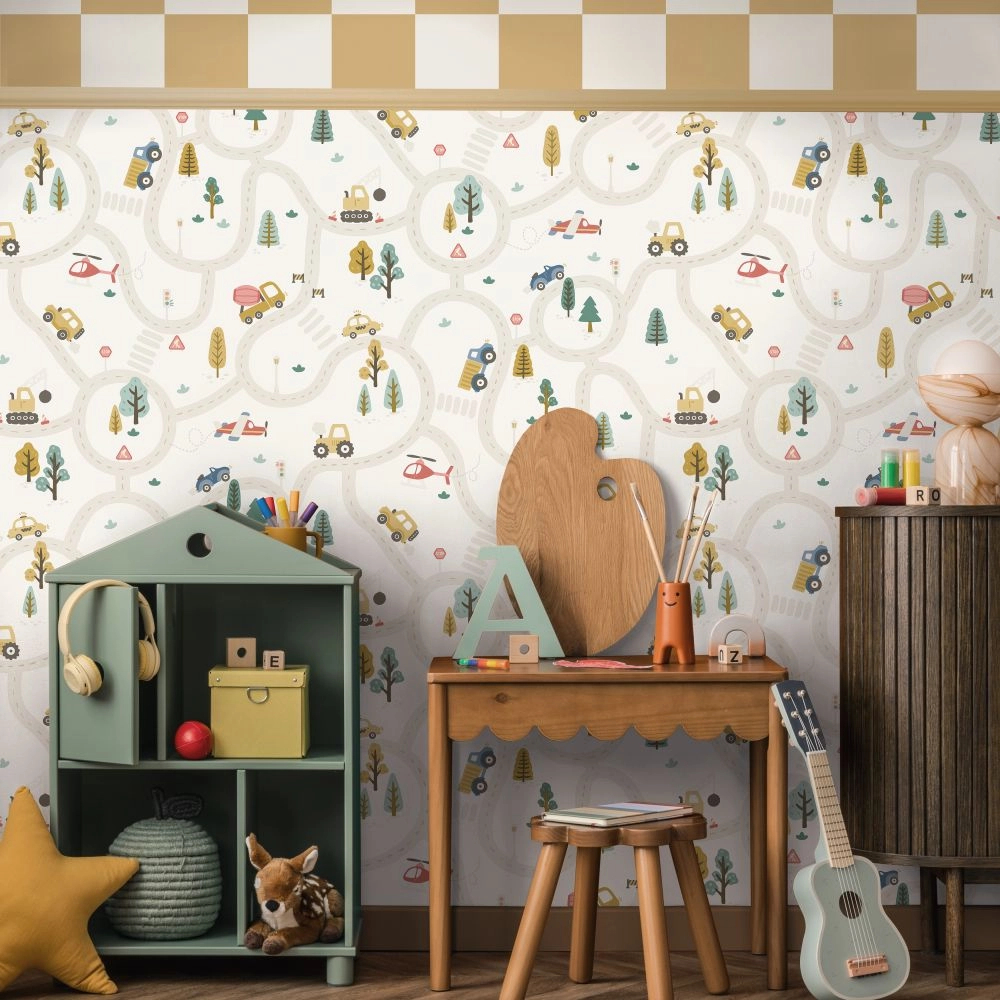 Gyerek tapéta úthálózat járművekkel mintával beige színben