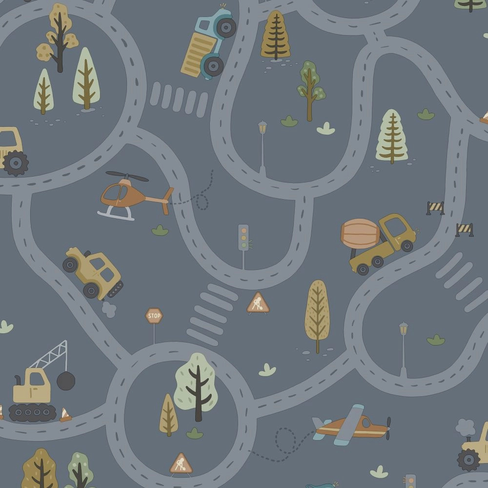 Gyerek tapéta úthálózat járművekkel mintával sötétszürke színben