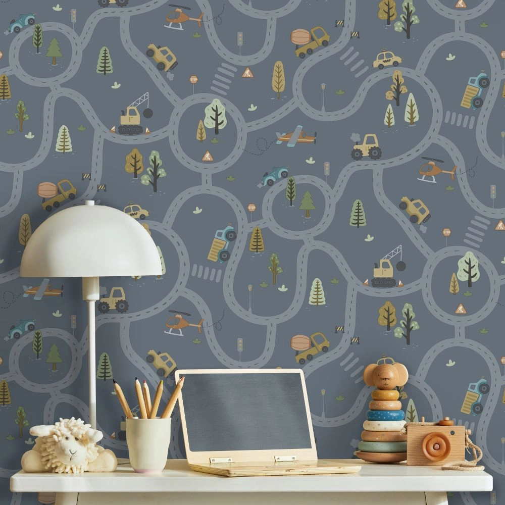 Gyerek tapéta úthálózat járművekkel mintával sötétszürke színben