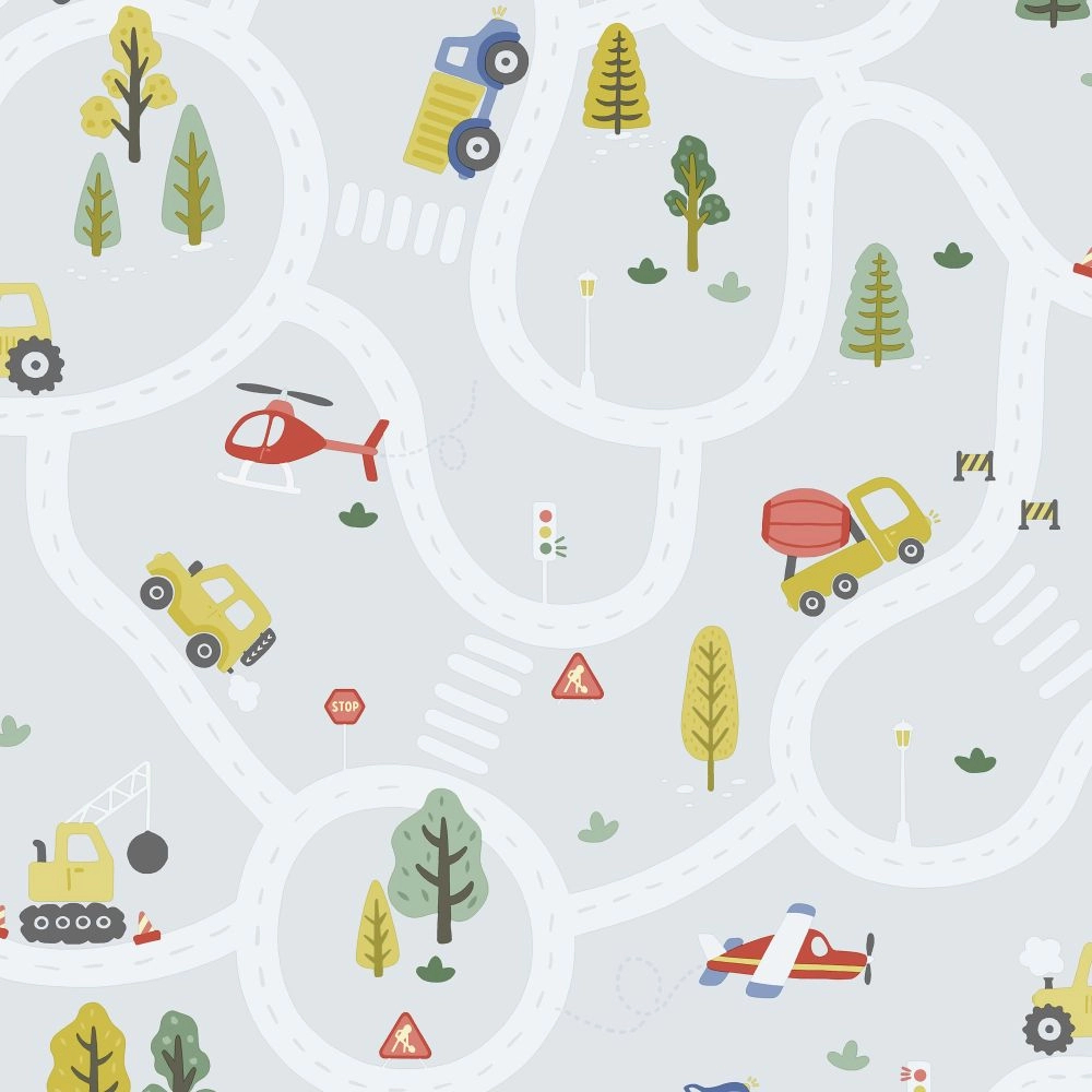 Gyerek tapéta úthálózat járművekkel mintával szürke színben
