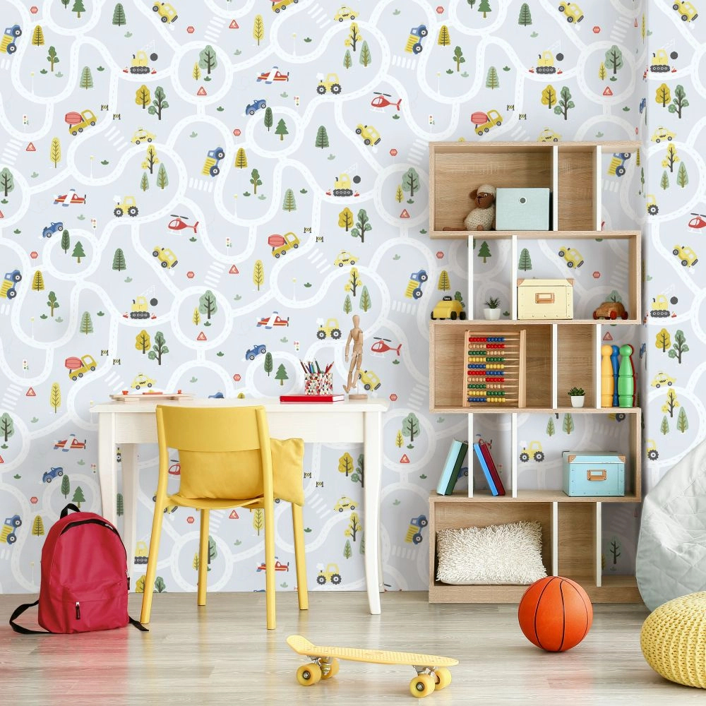 Gyerek tapéta úthálózat járművekkel mintával szürke színben