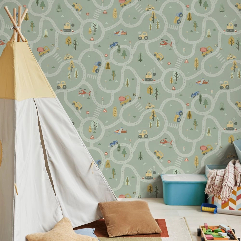 Gyerek tapéta úthálózat járművekkel mintával zöld színben