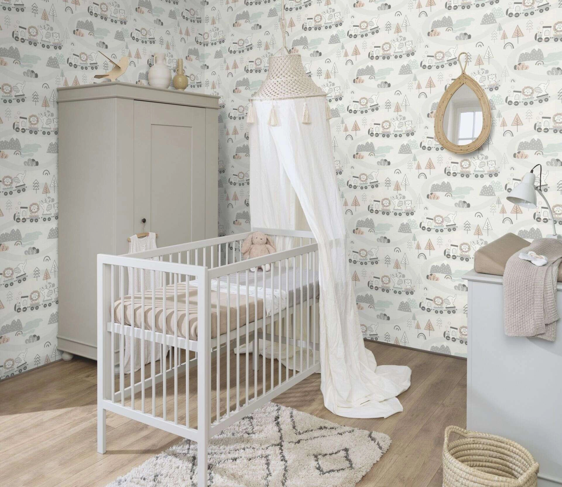 Gyerek tapéta vonatos állat mintával pasztel kék színben