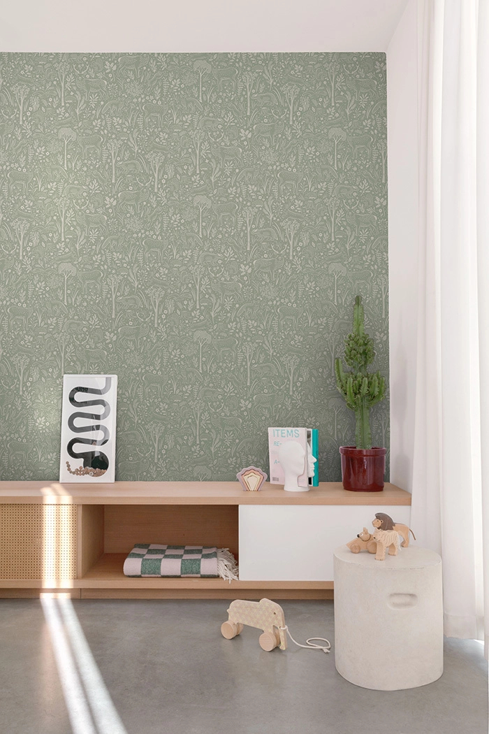 Gyerek tapéta zöld erdei állatos mintával