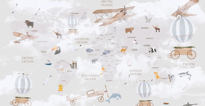 Gyerek világtérkép repülő mintás poszter tapéta egyedi 500cm széles és 260cm magas méretben vinyl felülettel