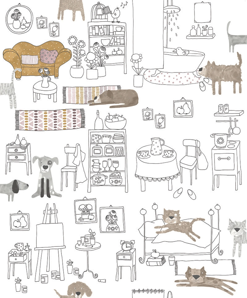 Gyerekszobai design tapéta rajzolt butorok és kedves állat mintákkal