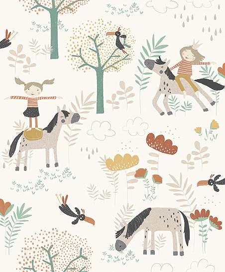 Gyerekszobai design tapéta rajzolt stílusban póni ló és erdei mintával