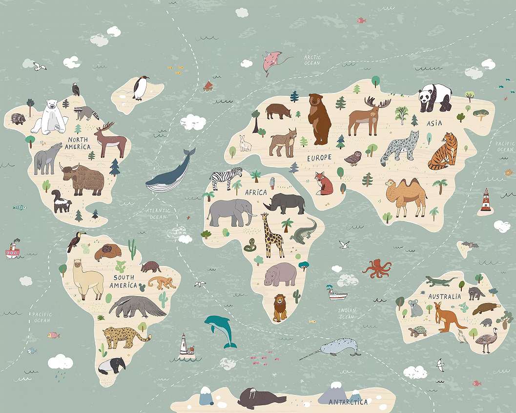 Gyerekszobai fali poszter állatok a világtérképen mintával