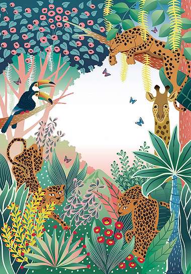 Gyerekszobai fali poszter színes trópusi dzsungel és állat mintákkal