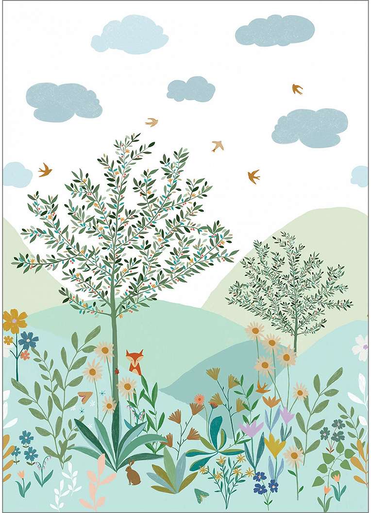 Gyerekszobai poszter tapéta erdei mintával skandi rajzolt stílusban