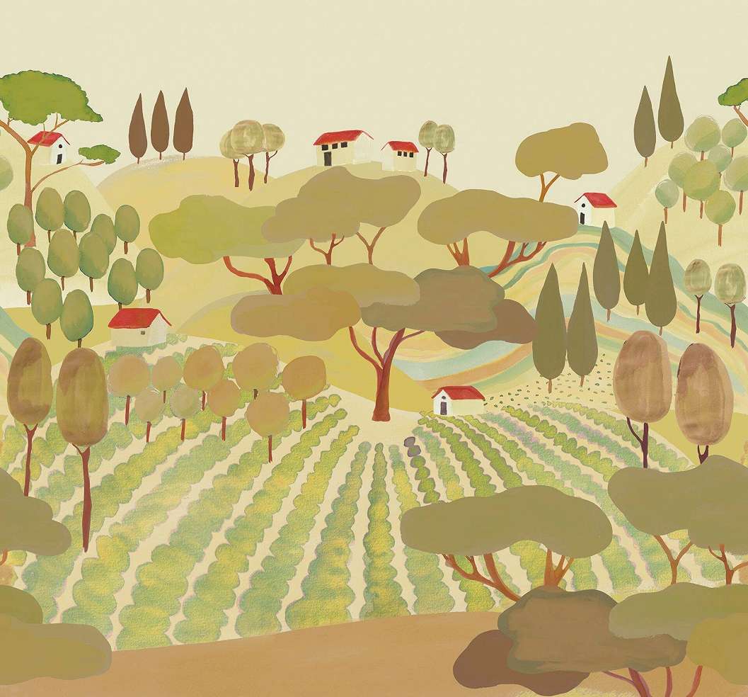 Gyerekszobai poszter tapéta festett hatású vidéki farmos tájképes mintával