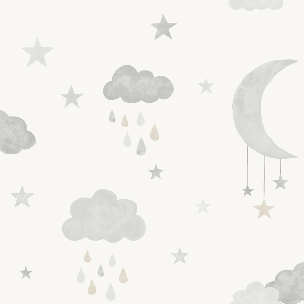 Gyerektapéta fehér alapon szürke felhő hold csillag mintákkal