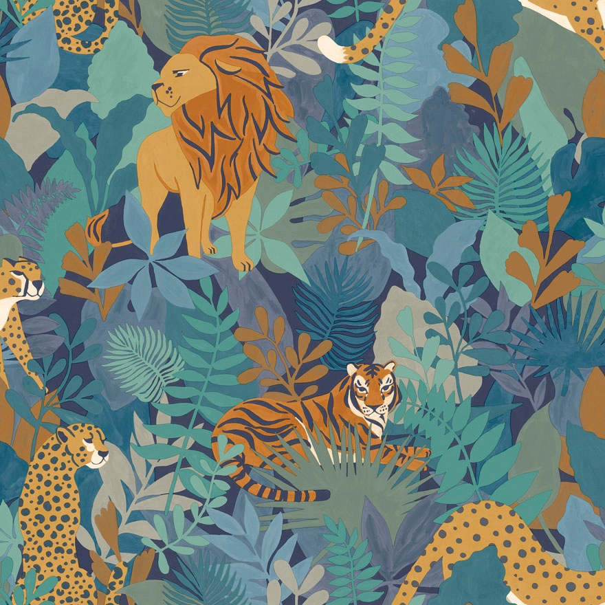Gyerektapéta kék dzsungel oroszlán és tigris mintával