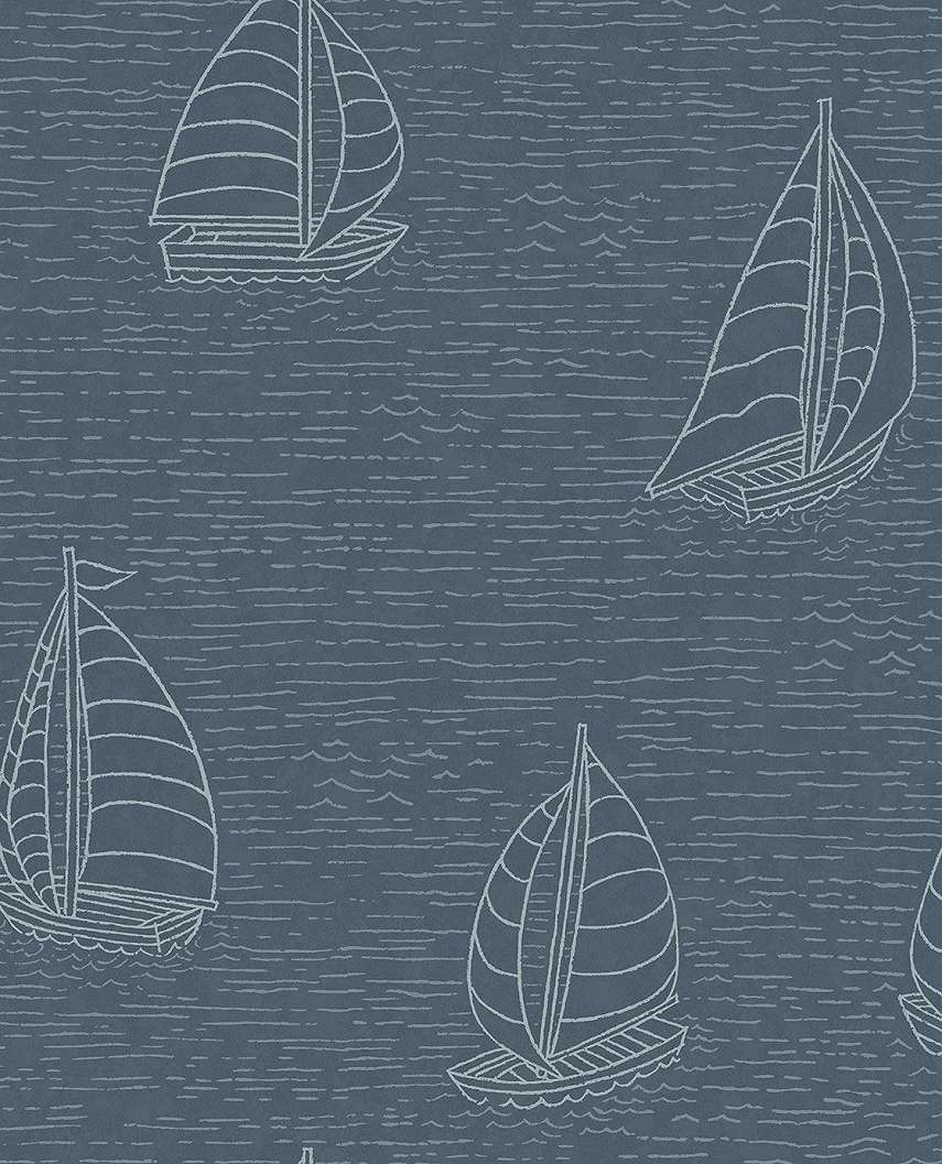 Gyerektapéta világos sötét kék színben rajzolt hajó mintával