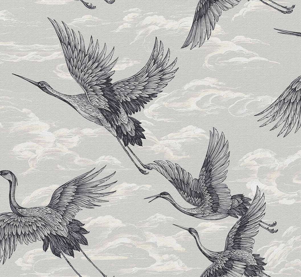 Halványkék dekor tapéta daru madaras mintával