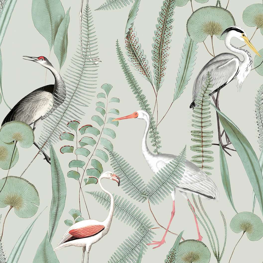 Halványzöld madár és levél mintás vlies design tapéta