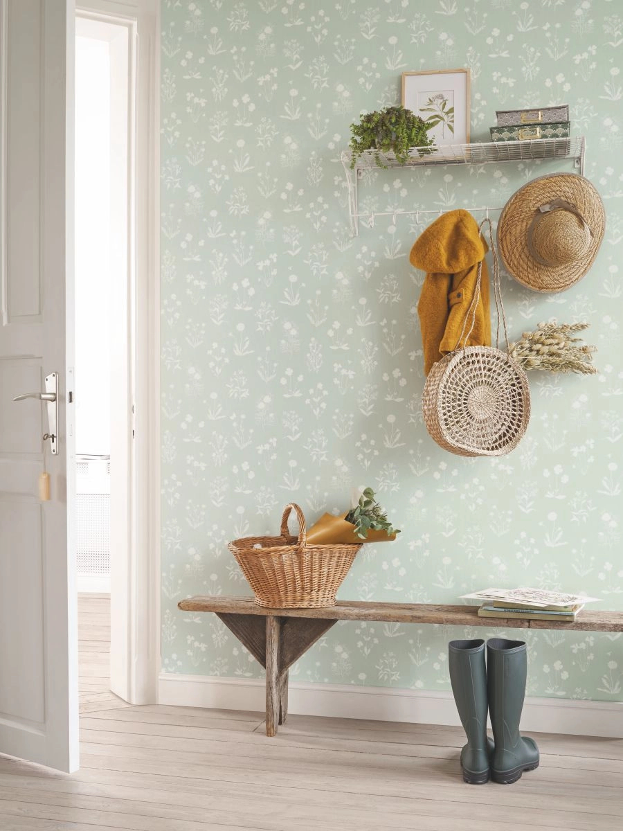 Halványzöld virágmintás vlies francia dekor tapéta