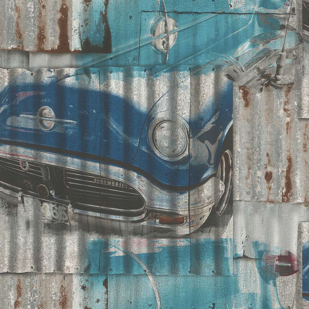 Hangulatós régi autó gyerektapéta kék színvilágban
