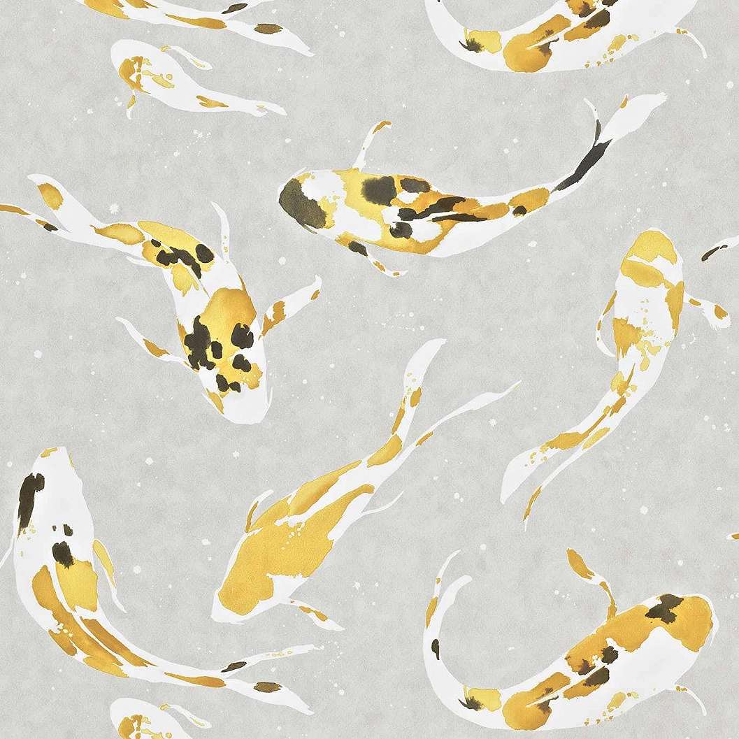 Harlequin dekor tapéta gyöngyház szürke alapon fehér sárga koi ponty mintával