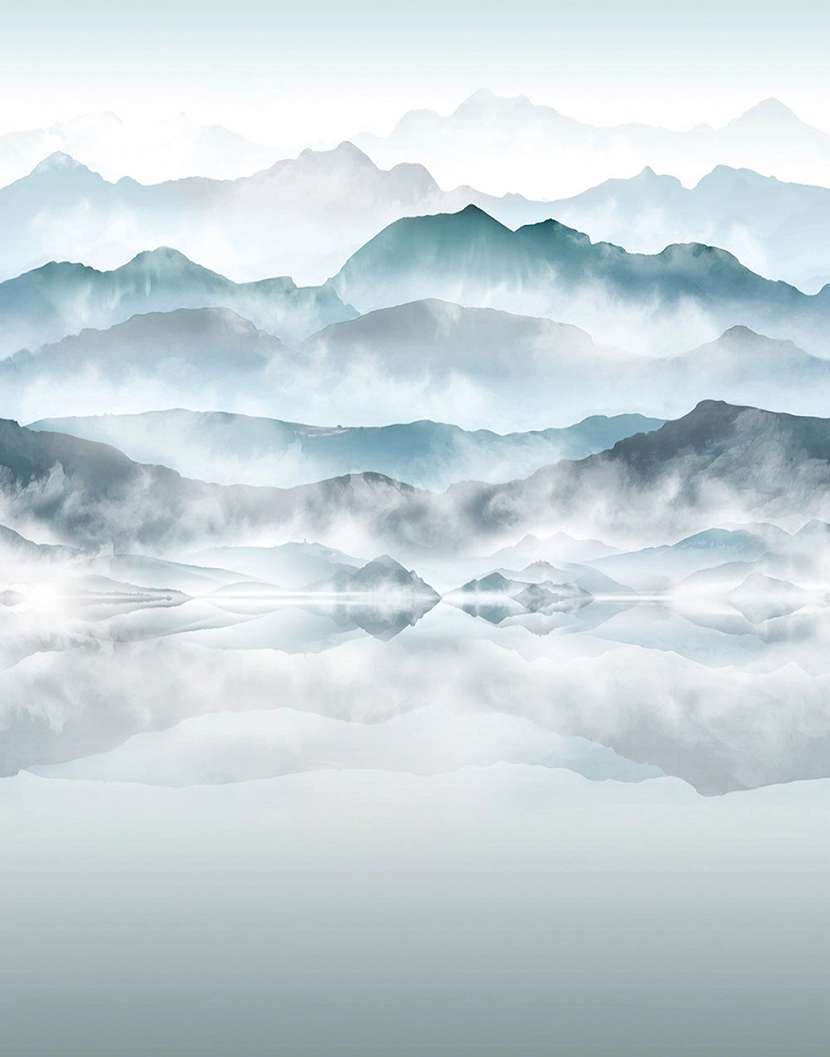 Hegyek és tükröződő tó mintás design fotótapéta