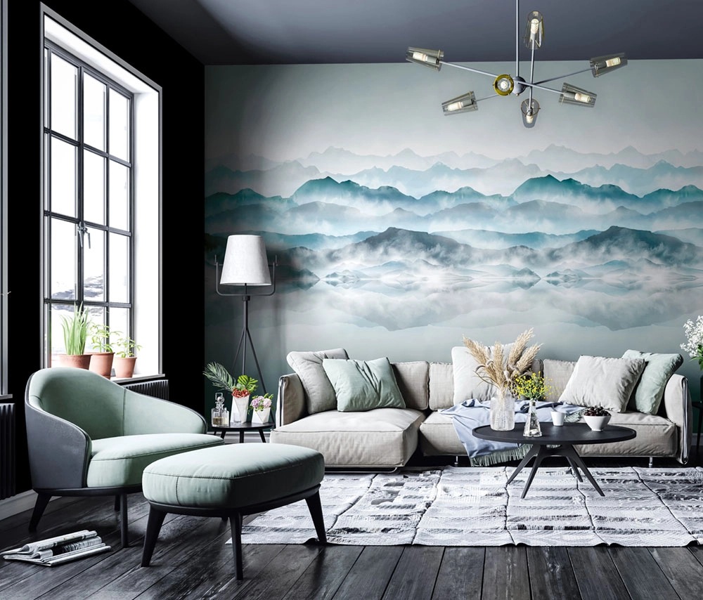 Hegyek és tükröződő tó mintás design fotótapéta