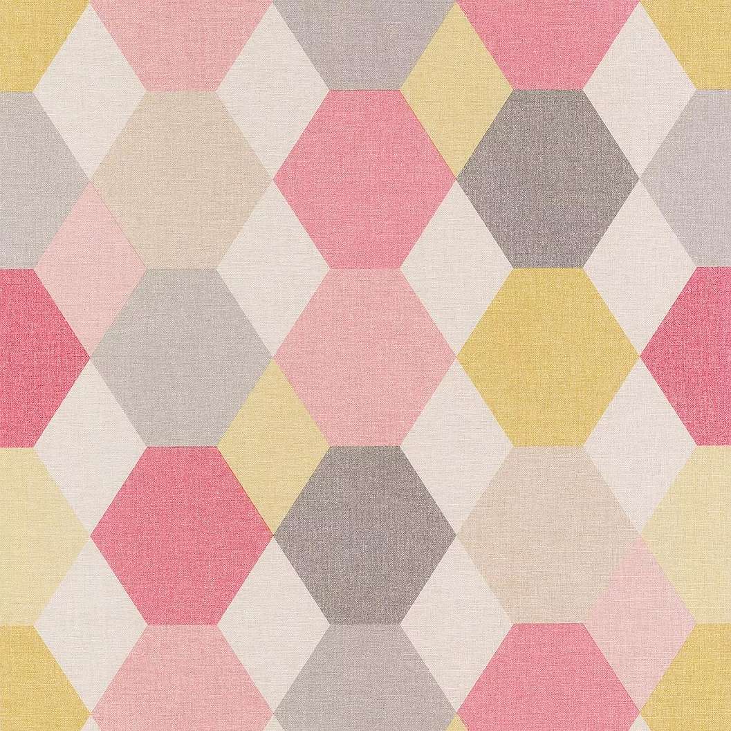 Hexagon mintás retro tapéta, rózsaszín, sárga domináns színekkel