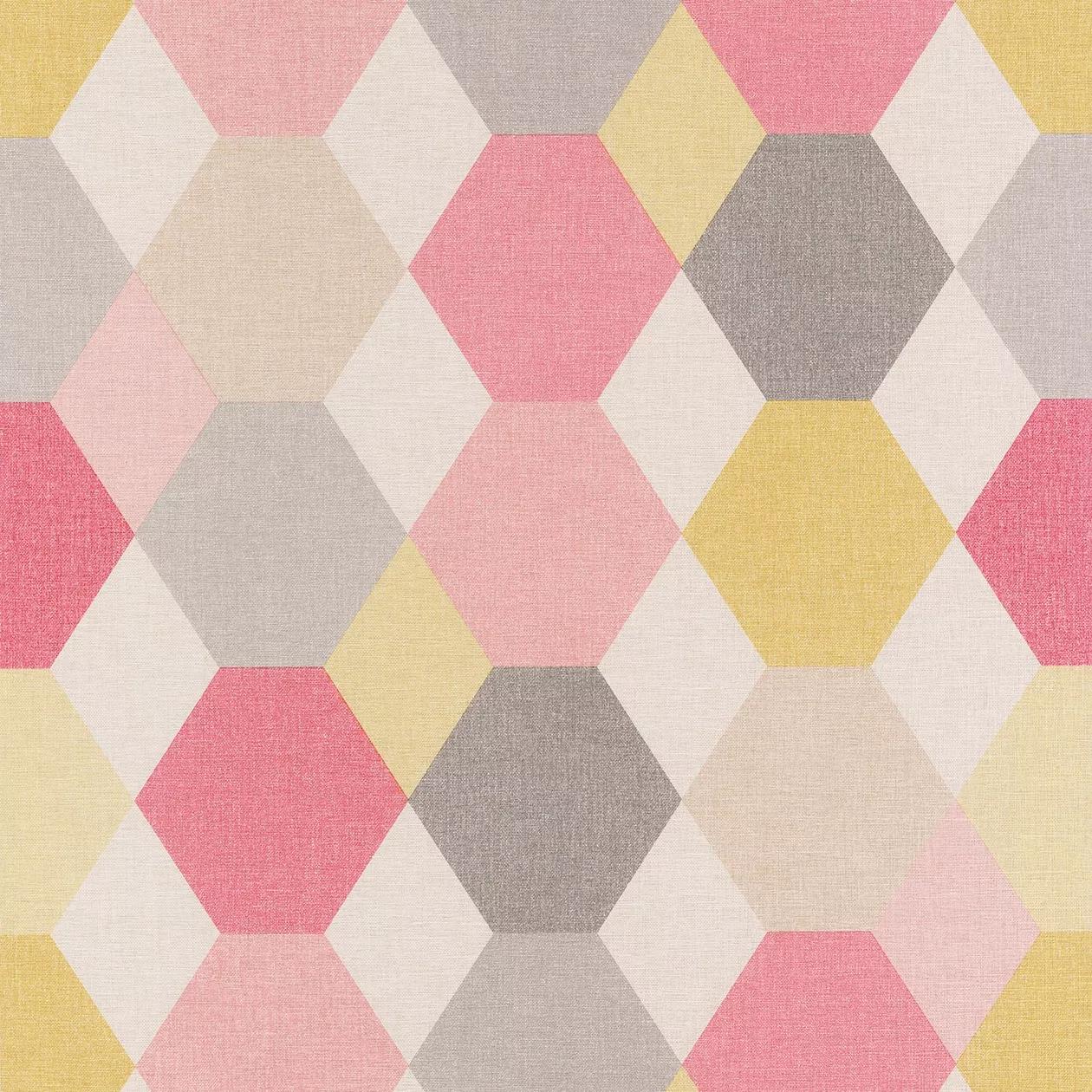 Hexagon mintás retro tapéta, rózsaszín, sárga domináns színekkel