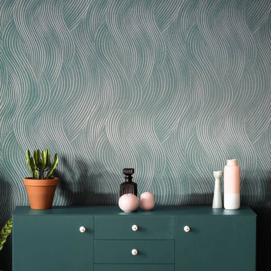 Hullám mintás matt ciánkék és fényes fehér színű glamour design tapéta