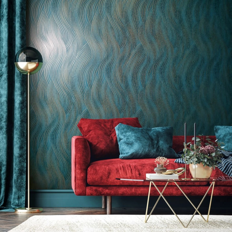 Hullám mintás türkiz és fényes arany színű glamour design tapéta