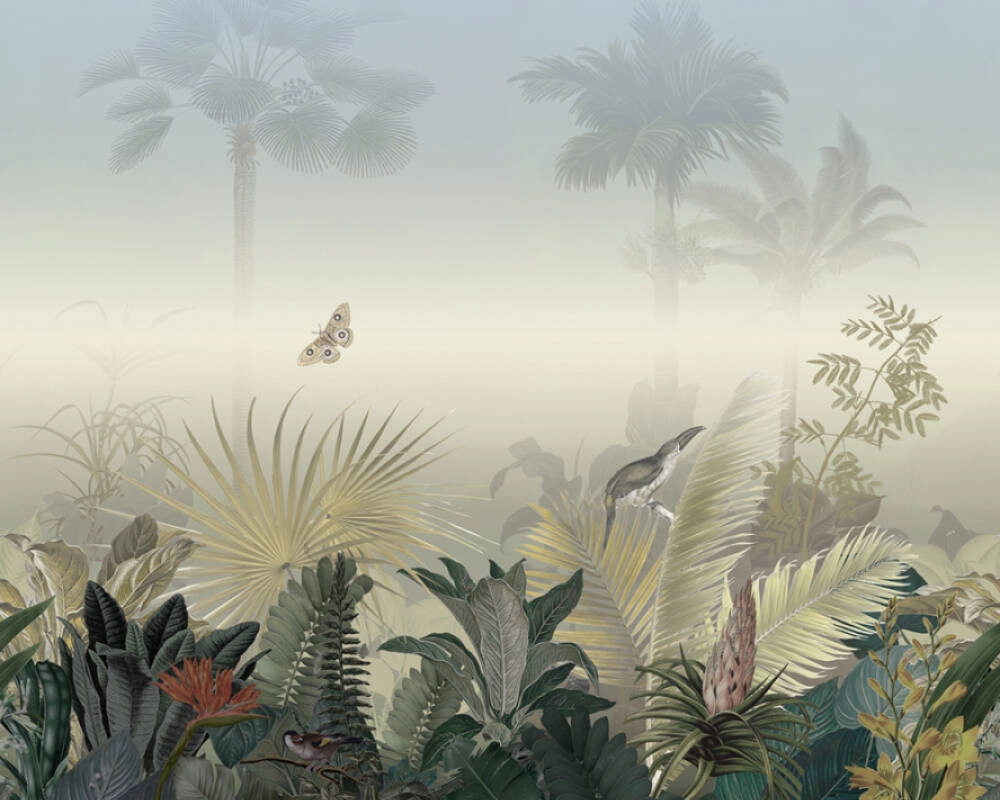  Idilli trópusi életkép pillangókkal madarakkal zöld kék és ködszürke design fali poszter