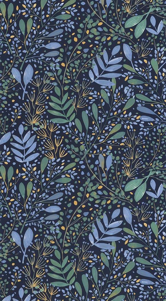 Indigókék tapéta skandináv leveles mintával vinyl mosható