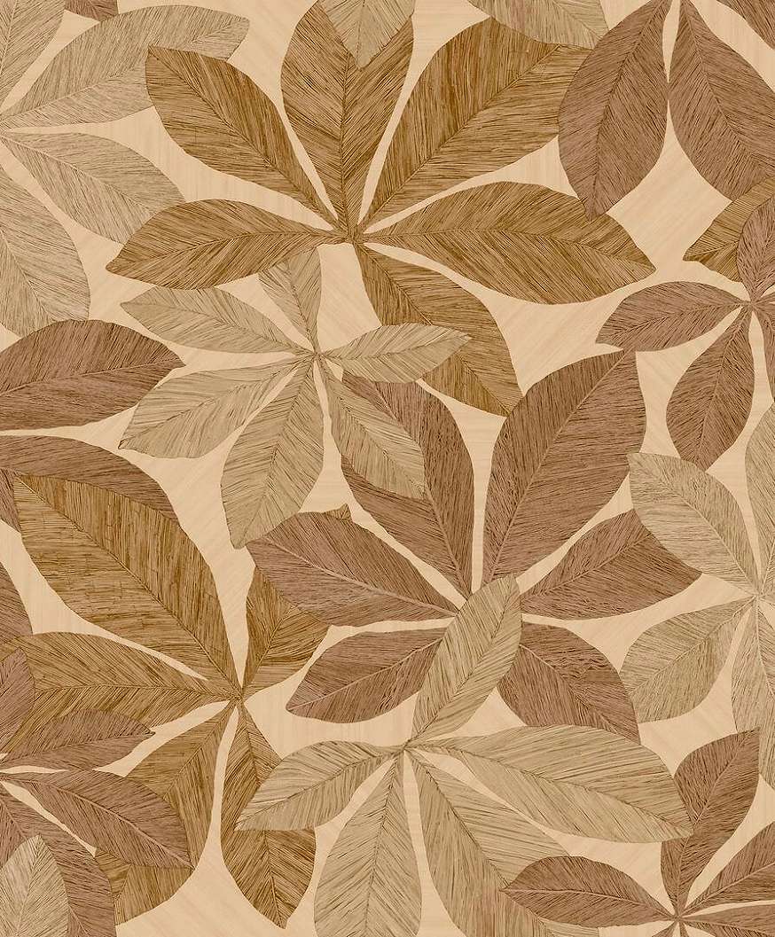 Intarzia hatású levélmintás design tapéta barna színben