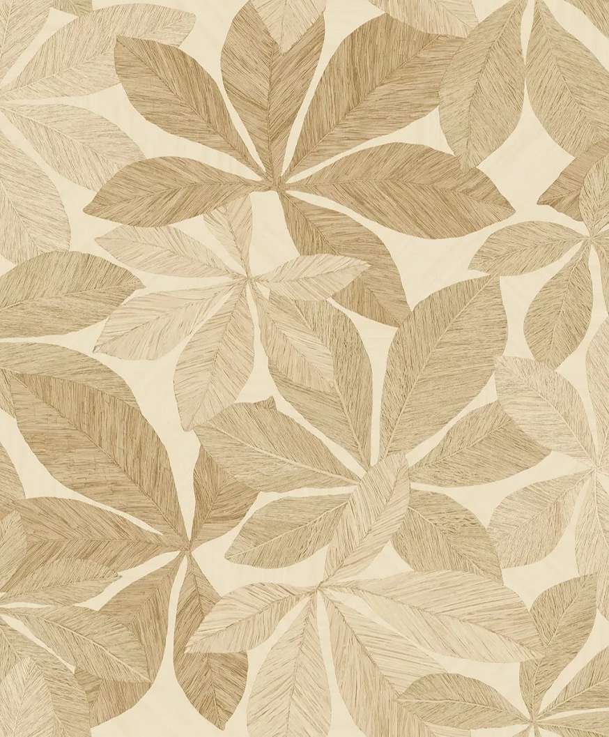Intarzia hatású levélmintás design tapéta beige színben
